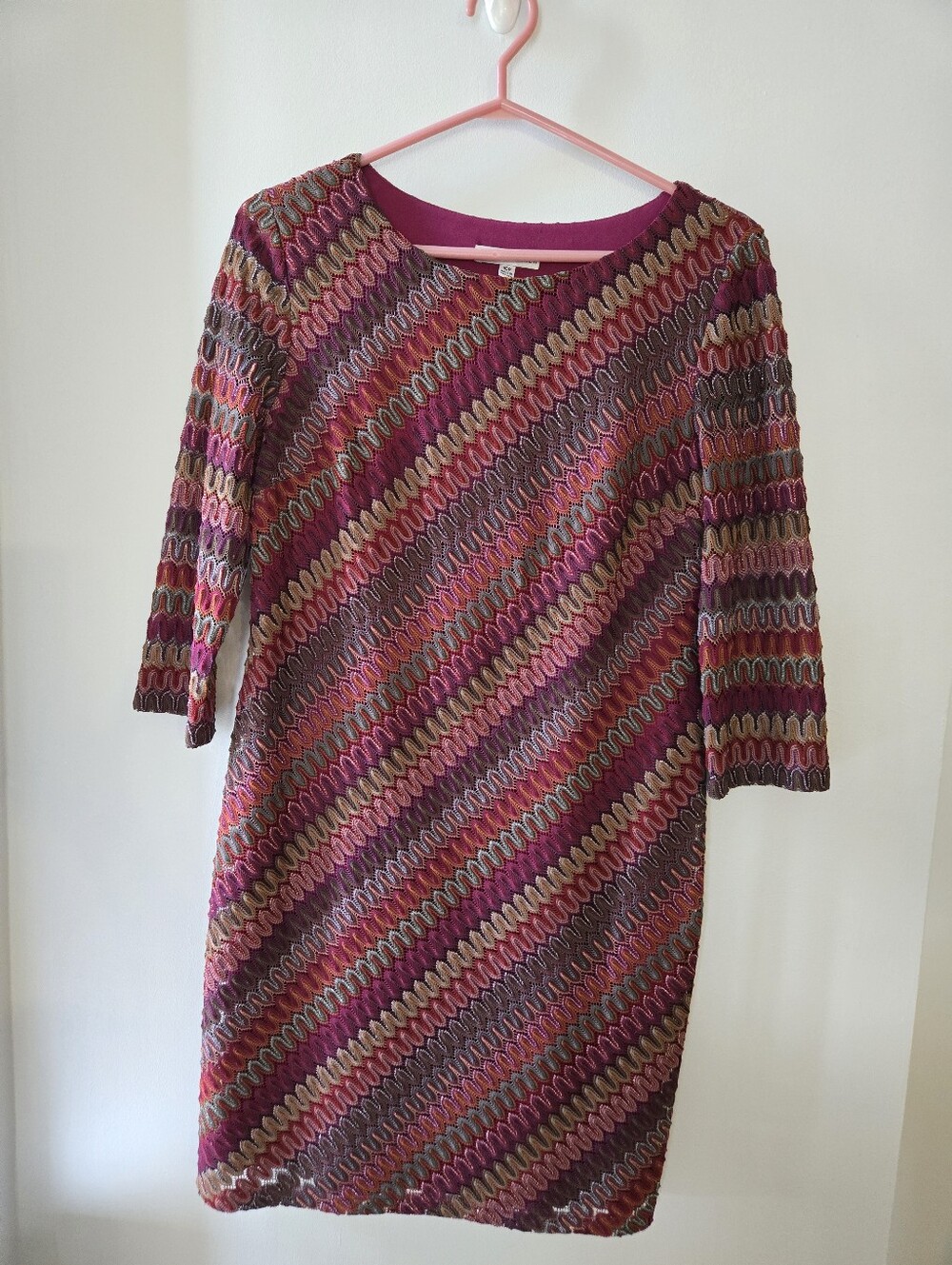 Women’s 10P Multicolor Zigzag Knit Dress Autumnal Soft Stretch Lining 3/4 Sleeve
